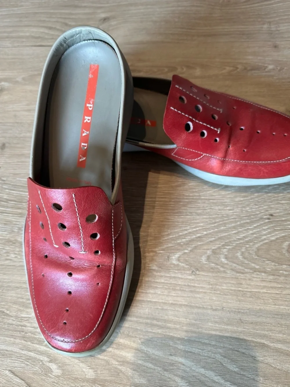 Prada Red Perforated Leather Slip-On Mules - Picture 2 of 8